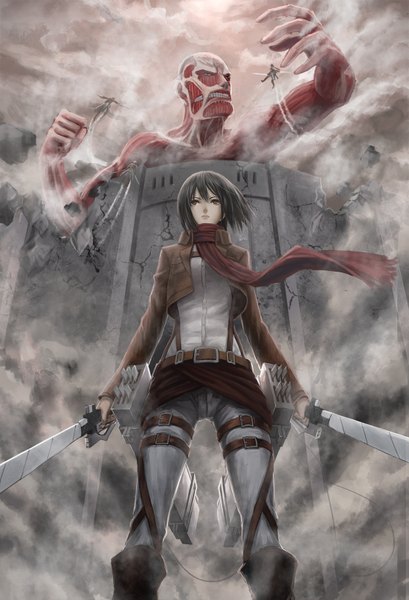 Anime picture 1100x1612 with shingeki no kyojin production i.g mikasa ackerman bertolt hoover colossal titan infukun tall image short hair black hair holding brown eyes open clothes open jacket dual wielding battle giant girl weapon sword boots