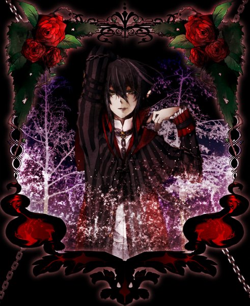 Anime picture 1260x1540 with sound horizon tagme (character) nouka yura tall image short hair black hair striped framed dark hair boy flower (flowers) plant (plants) tree (trees) jacket rose (roses) leaf (leaves) chain