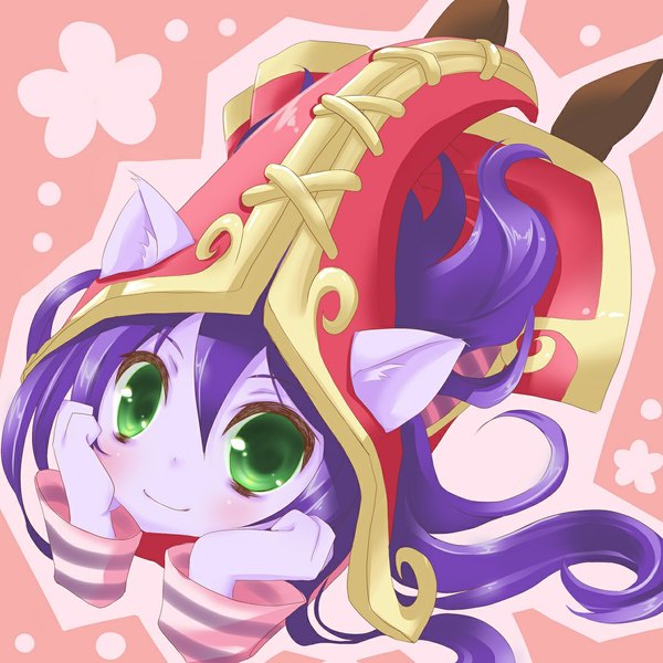 Anime picture 1158x1158 with league of legends lulu (league of legends) tokiko (pixiv-id423263) single long hair blush smile green eyes animal ears purple hair girl hat