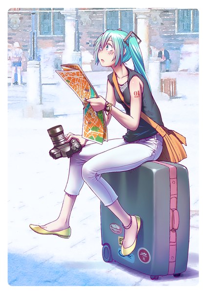 Anime picture 849x1200 with vocaloid hatsune miku wokada single long hair tall image blush sitting twintails holding looking away aqua hair tattoo silver eyes girl shoes pants bag clock pocket watch