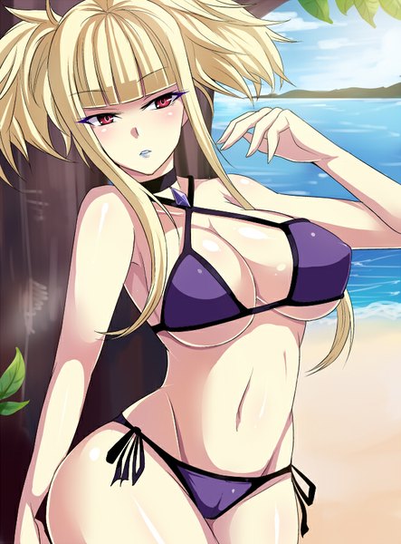 Anime picture 657x890 with aoki hagane no arpeggio kongou (aoki hagane no arpeggio) megane man long hair tall image looking at viewer fringe breasts light erotic blonde hair red eyes large breasts twintails bare shoulders bare belly bare legs hair bun (hair buns) lipstick short twintails cameltoe