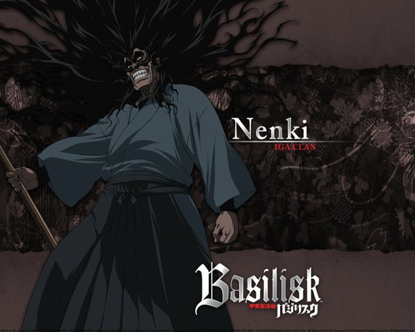 Anime picture 1280x1024 with basilisk mino nenki single long hair black hair signed very long hair traditional clothes japanese clothes inscription grin boy weapon mustache