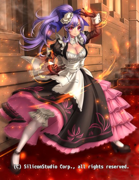 Anime picture 927x1200 with original ryuki@maguro-ex single long hair tall image looking at viewer fringe hair between eyes red eyes cleavage purple hair ponytail maid glowing girl dress gloves uniform bow hair bow