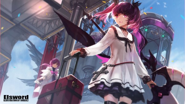 Anime picture 1323x744 with elsword aisha landar swd3e2 long hair open mouth wide image purple eyes twintails multiple girls looking away purple hair copyright name girl thighhighs dress bow weapon black thighhighs 2 girls hair bow