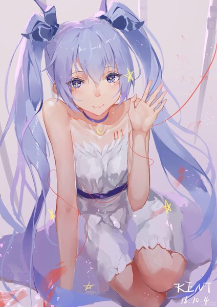 Anime picture 2480x3507 with vocaloid hatsune miku kentllaall single long hair tall image looking at viewer fringe highres smile hair between eyes purple eyes twintails signed blue hair arm up arm support fang (fangs) tattoo dated