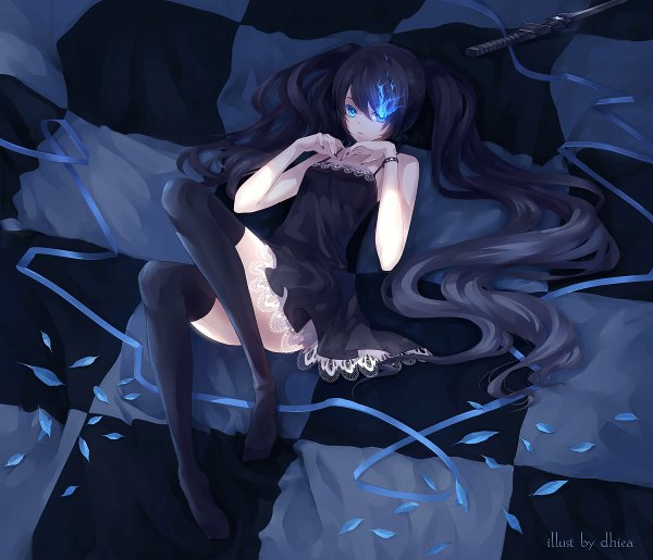 Anime picture 1200x1030 with black rock shooter vocaloid world is mine (vocaloid) black rock shooter (character) dhiea single blue eyes black hair twintails very long hair glowing glowing eye (eyes) checkered floor checkered background girl thighhighs dress sword katana