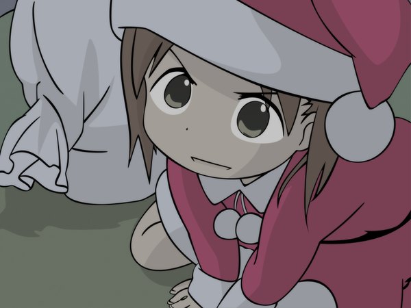 Anime picture 1600x1200 with ichigo mashimaro matsuoka miu single looking at viewer short hair open mouth brown hair sitting brown eyes :d christmas serious frown >:d girl hat santa claus hat santa claus costume pom pom (clothes) sack