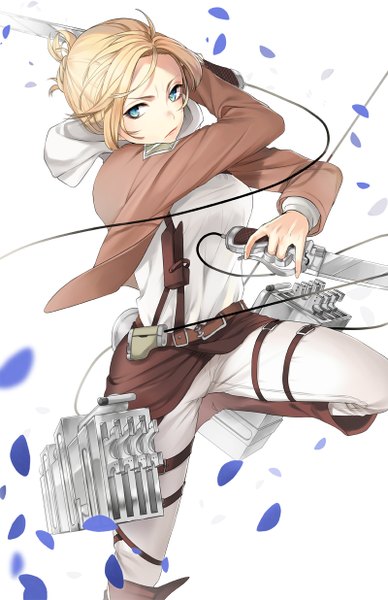 Anime picture 800x1236 with shingeki no kyojin production i.g annie leonhart naguri single tall image short hair simple background white background holding looking away aqua eyes dual wielding girl weapon petals sword boots belt hood