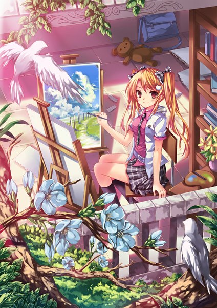Anime picture 800x1131 with original peach88 long hair tall image looking at viewer blush blonde hair smile red eyes twintails girl skirt flower (flowers) plant (plants) animal tree (trees) bird (birds) bag picture
