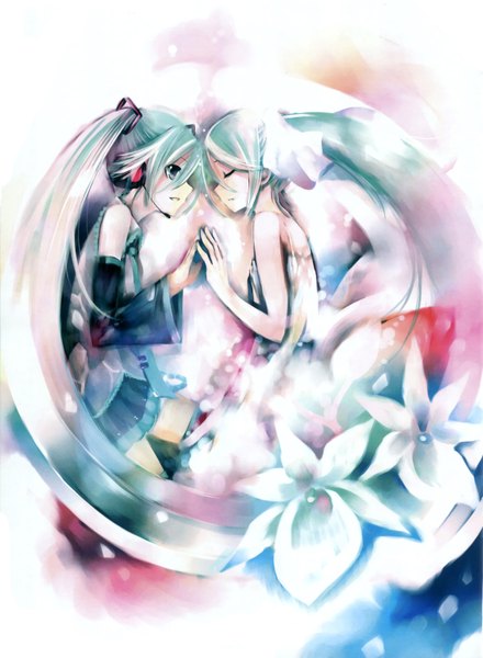Anime picture 2306x3141 with vocaloid hatsune miku kei (keigarou) long hair tall image highres open mouth twintails bare shoulders multiple girls eyes closed aqua eyes scan aqua hair girl dress flower (flowers) 2 girls detached sleeves headphones