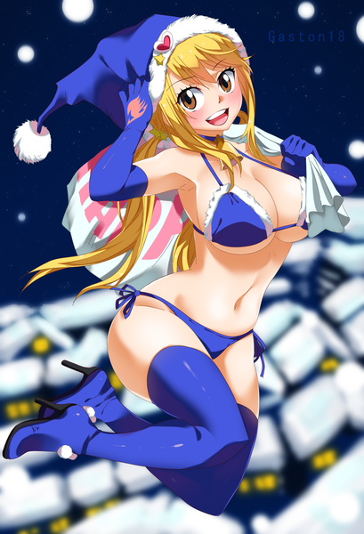 Anime picture 1226x1800 with fairy tail lucy heartfilia tongasart single long hair tall image looking at viewer blush breasts open mouth light erotic blonde hair smile large breasts twintails bare shoulders brown eyes bent knee (knees) :d blurry
