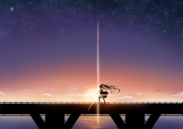 Anime picture 1339x948 with vocaloid hatsune miku mokoppe single long hair twintails evening sunset silhouette girl star (stars) bridge