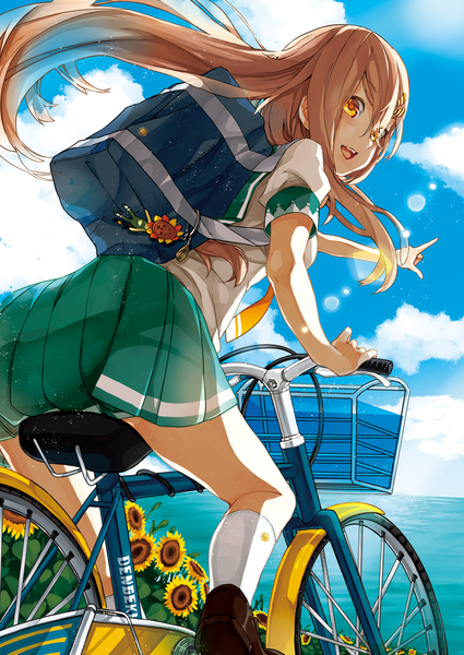 Anime picture 724x1023 with original 44sann (artist) single long hair tall image open mouth brown hair sky cloud (clouds) pleated skirt orange eyes back horizon pointing riding girl skirt uniform hair ornament plant (plants)