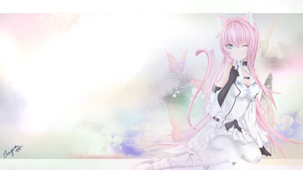 Anime picture 1920x1080 with vocaloid megurine luka single long hair highres blue eyes wide image bare shoulders signed animal ears pink hair tail animal tail one eye closed wink cat ears cat girl girl thighhighs white thighhighs