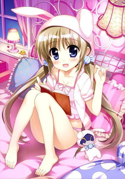 Anime picture 2872x4097 with mahou shoujo lyrical nanoha corona timir fujima takuya single long hair tall image looking at viewer blush highres open mouth blue eyes light erotic brown hair twintails animal ears official art bunny ears girl pillow book (books)