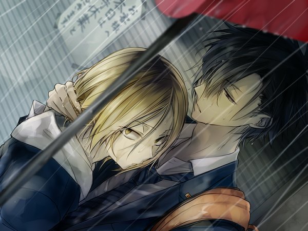 Anime picture 1000x750 with haikyuu!! production i.g kuroo tetsurou kozume kenma suigal53 short hair black hair blonde hair brown eyes yellow eyes looking away multicolored hair two-tone hair multiple boys rain open collar boy uniform school uniform necktie