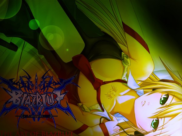 Anime picture 1600x1200 with blazblue noel vermillion blonde hair green eyes tattoo girl necktie headphones