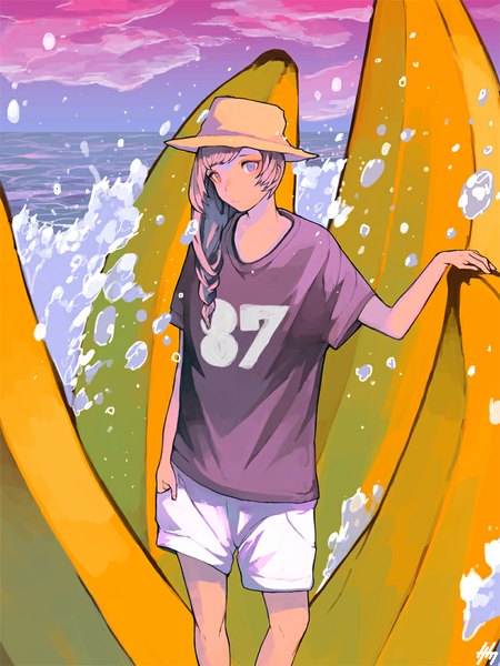 Anime picture 826x1100 with original nanakawa (nanasoon) single long hair tall image looking at viewer standing pink hair sky cloud (clouds) braid (braids) hand in pocket multicolored eyes asymmetrical hair casual girl hat shorts sea t-shirt