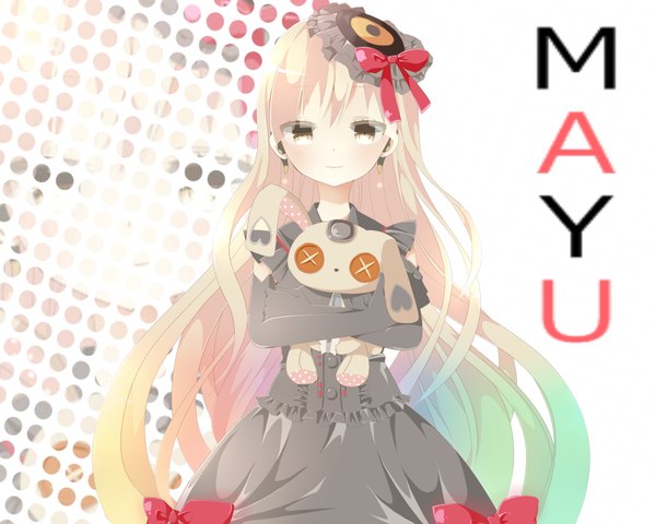 Anime picture 1000x800 with vocaloid mayu (vocaloid) usano mimi mia (0v0 xx) single long hair looking at viewer blonde hair yellow eyes inscription hug girl dress gloves bow hat elbow gloves toy stuffed animal