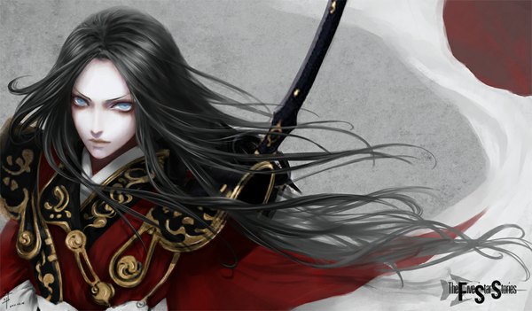 Anime picture 1100x645 with five star stories fatima (five star stories) sun dou single long hair blue eyes black hair wide image girl weapon sword armor