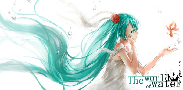 Anime picture 3249x1600 with vocaloid hatsune miku missionario single highres simple background wide image white background twintails very long hair profile hair flower aqua eyes aqua hair girl dress hair ornament flower (flowers) sundress bubble (bubbles)