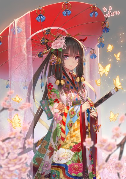 Anime picture 1860x2630 with original musynexsk single long hair tall image looking at viewer highres black hair purple eyes traditional clothes japanese clothes hair bell girl hair ornament flower (flowers) weapon petals sword kimono katana