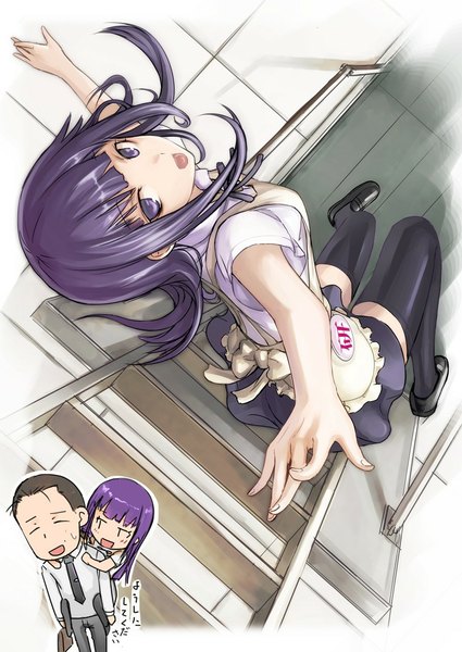 Anime picture 800x1130 with working!! a-1 pictures yamada aoi otoo hyougo tea (nakenashi) tall image looking at viewer short hair open mouth brown hair purple eyes purple hair eyes closed from above zettai ryouiki spread arms chibi dual persona carrying girl