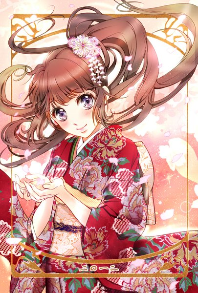 Anime picture 800x1185 with original kinusagi (artist) single long hair tall image looking at viewer blush fringe smile brown hair purple eyes holding ponytail traditional clothes japanese clothes turning head floral print framed girl hair ornament