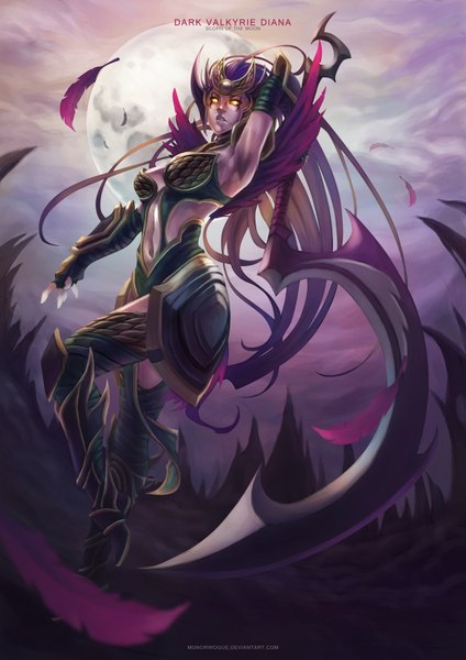 Anime picture 2480x3508 with league of legends diana (league of legends) monori rogue single long hair tall image looking at viewer highres yellow eyes purple hair bent knee (knees) lips from below armpit (armpits) glowing glowing eye (eyes) girl navel weapon armor