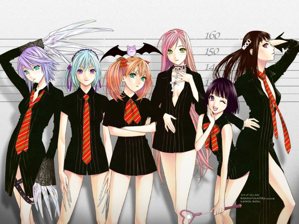 Anime picture 1333x1000 with rosario+vampire akashiya moka shirayuki mizore kurono kurumu sendo yukari shuzen kokoa toujou rubi long hair short hair open mouth blue eyes black hair red eyes twintails purple eyes multiple girls green eyes yellow eyes blue hair pink hair