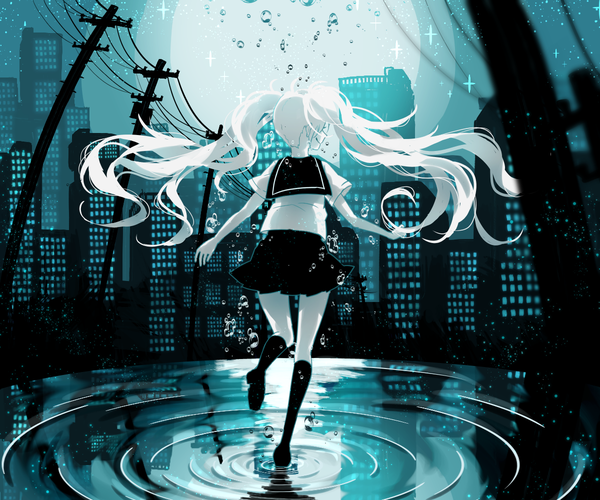 Anime picture 1200x1000 with vocaloid hatsune miku pecchii single long hair smile standing twintails bent knee (knees) white hair pleated skirt from behind city monochrome standing on one leg cityscape leg lift (legs lift) ripples girl skirt