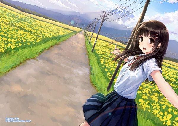 Anime picture 1200x854 with original kazuharu kina long hair looking at viewer blush open mouth black hair black eyes mountain field girl skirt uniform flower (flowers) school uniform shirt power lines road