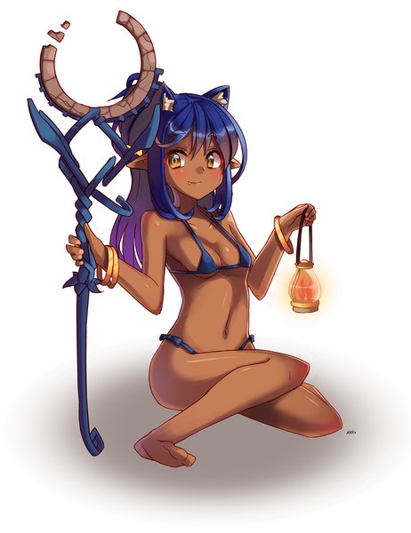 Anime picture 1000x1297 with dungeon and fighter mage (dungeon and fighter) nellen single long hair tall image blush light erotic simple background white background brown eyes animal ears blue hair looking away pointy ears cat ears dark skin girl swimsuit bikini