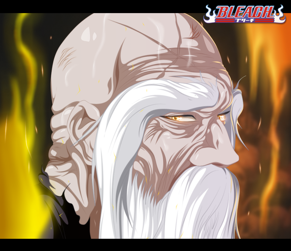 Anime picture 1000x862 with bleach studio pierrot yamamoto genryuusai shigekuni hollowcn single yellow eyes white hair inscription coloring letterboxed scar close-up face bald old man boy fire beard mustache