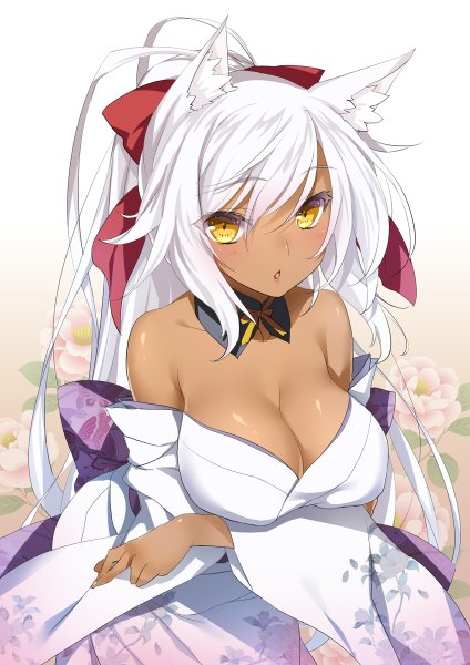 Anime picture 848x1200 with original 47agdragon single tall image looking at viewer blush breasts light erotic large breasts bare shoulders animal ears yellow eyes cleavage white hair ponytail long sleeves very long hair traditional clothes parted lips japanese clothes
