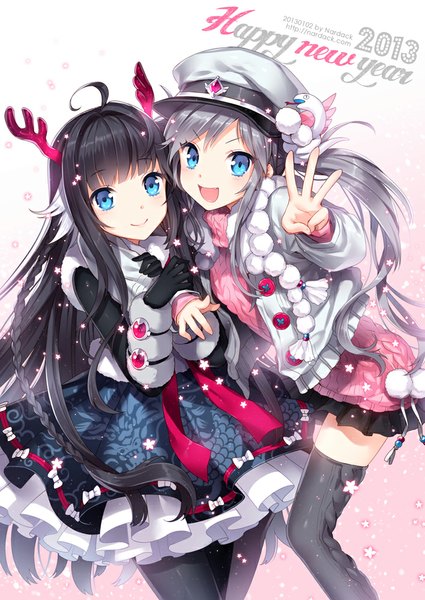 Anime picture 708x1000 with original nardack long hair tall image looking at viewer open mouth blue eyes black hair smile multiple girls horn (horns) grey hair zettai ryouiki girl thighhighs dress gloves flower (flowers) black thighhighs 2 girls