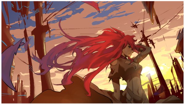 Anime picture 1280x720 with tengen toppa gurren lagann gainax yoko littner dxyuki2009 (pixiv) single long hair wide image sky cloud (clouds) red hair girl sun wire (wires)