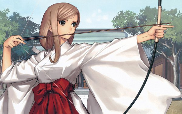 Anime picture 1680x1050 with tony taka single long hair blonde hair wide image brown eyes traditional clothes girl bow plant (plants) tree (trees) bow (weapon) arrow (arrows)
