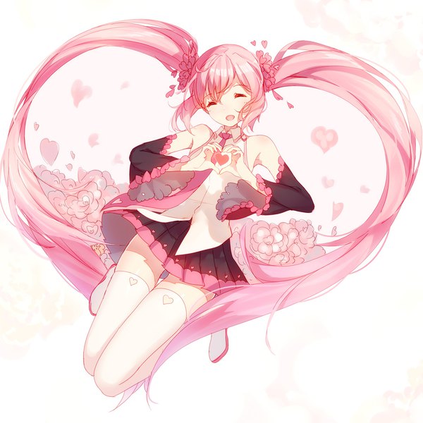 Anime picture 1039x1039 with vocaloid hatsune miku sakura miku bison cangshu single blush fringe open mouth simple background hair between eyes white background twintails bare shoulders payot pink hair full body bent knee (knees) very long hair pleated skirt wide sleeves