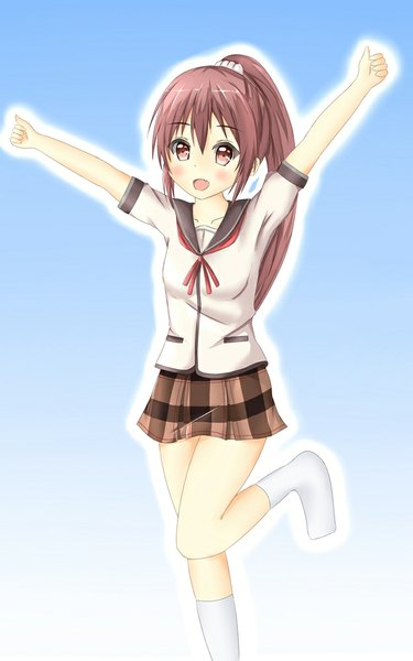 Anime picture 625x1000 with jinsei suzuki ikumi tear yu single long hair tall image looking at viewer blush fringe open mouth simple background smile brown hair brown eyes bent knee (knees) ponytail blue background girl skirt uniform