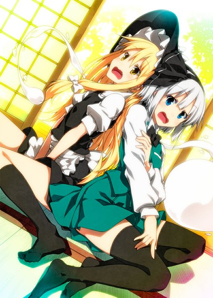 Anime picture 800x1120 with touhou kirisame marisa konpaku youmu myon sazanami mio long hair tall image looking at viewer blush fringe short hair open mouth blue eyes blonde hair sitting multiple girls yellow eyes silver hair light between legs