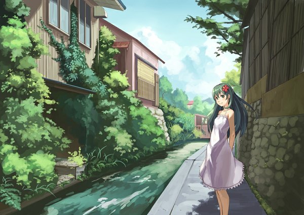 Anime picture 1132x800 with original eichisu single long hair blue eyes hair flower green hair river girl hair ornament plant (plants) sundress