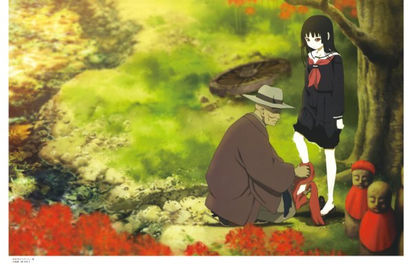 Anime picture 5115x3278 with hell girl studio deen enma ai wanyuudo fringe highres black hair standing absurdres long sleeves barefoot scan squat wet clothes framed river old man foot washing girl flower (flowers)