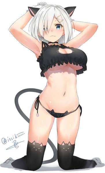 Anime picture 650x1070 with kantai collection hamakaze destroyer isshiki (ffmania7) single tall image blush fringe short hair breasts blue eyes light erotic simple background smile large breasts white background signed animal ears silver hair full body tail