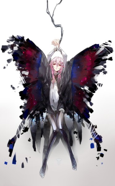 Anime picture 1000x1612 with guilty crown production i.g yuzuriha inori anya (1218) single long hair tall image looking at viewer fringe breasts open mouth red eyes twintails signed pink hair from above arms up bondage knees touching insect wings