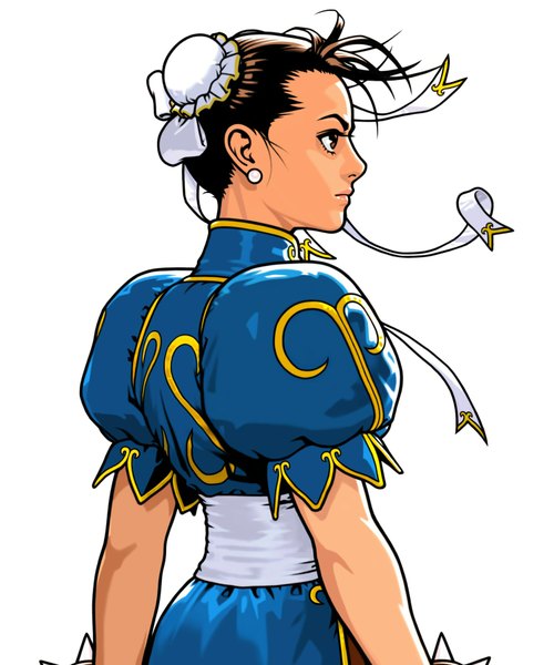 Anime picture 1500x1800 with street fighter chun-li single tall image brown hair white background brown eyes profile from behind hair bun (hair buns) chinese clothes girl ribbon (ribbons) earrings bun cover