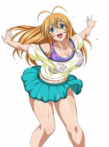 Anime picture 600x809 with ikkitousen sonsaku hakufu single long hair tall image looking at viewer blush fringe breasts open mouth blue eyes light erotic blonde hair large breasts cleavage ahoge bent knee (knees) head tilt midriff wet