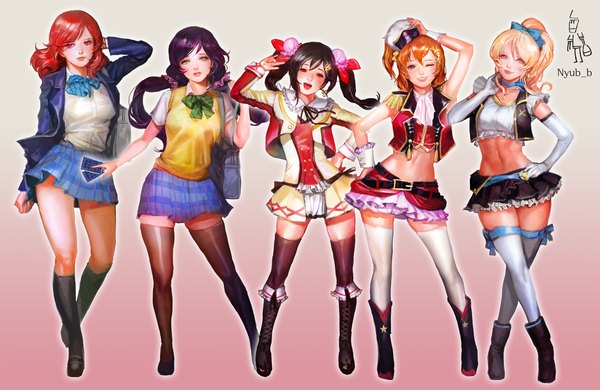 Anime picture 2000x1300 with love live! school idol project sunrise (studio) love live! nishikino maki yazawa nico toujou nozomi ayase eli kousaka honoka nyubb long hair tall image looking at viewer blush fringe highres short hair breasts open mouth blue eyes black hair