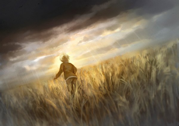Anime picture 1000x707 with aldnoah.zero a-1 pictures slaine troyard kanmuri (hanyifan30338) single short hair blonde hair cloud (clouds) from behind sunlight running alternate age field boy wheat field