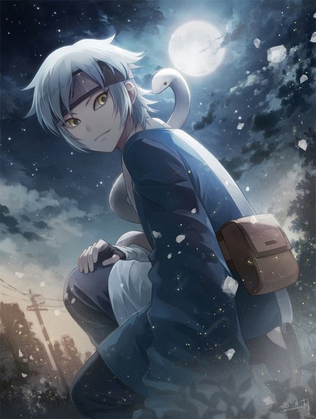 Anime picture 843x1115 with boruto studio pierrot naruto (series) mitsuki (naruto) angel31424 single tall image looking at viewer fringe short hair smile signed yellow eyes sky cloud (clouds) bent knee (knees) outdoors looking back grey hair night